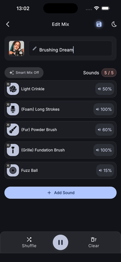 The custom mix editor with per-layer volume sliders
