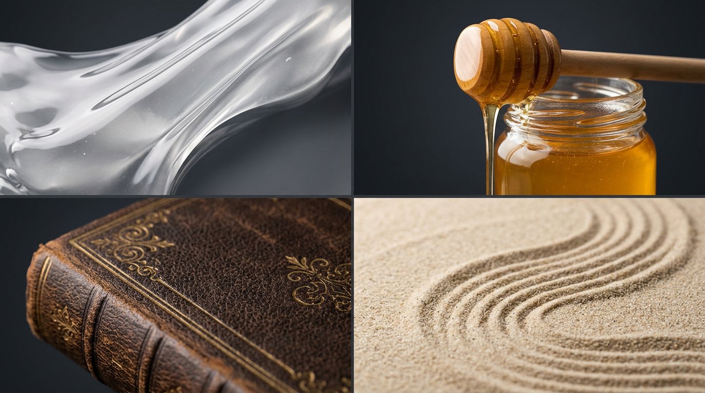 Composite macro photographs of common ASMR trigger sources: wood grain, glass, aluminium foil, and brush bristles.