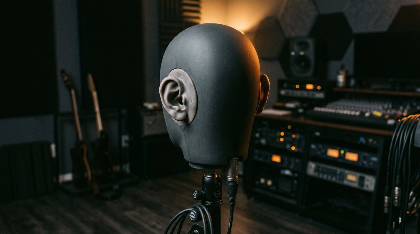 A binaural dummy-head microphone with silicone ears — the recording setup that produces the spatial audio most ASMR content relies on.