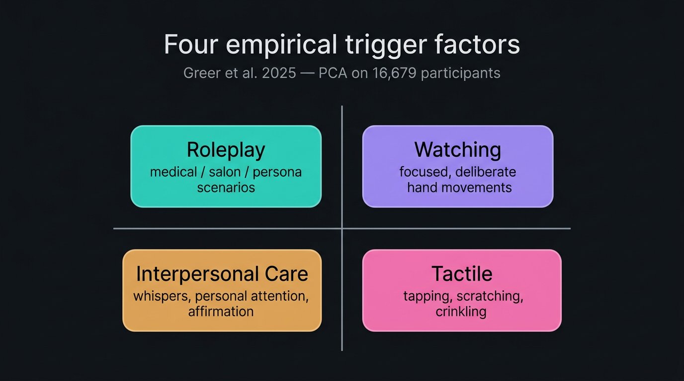 Diagram showing the four empirical trigger factors from Greer et al. (2025): Roleplay, Watching, Interpersonal Care, and Tactile.