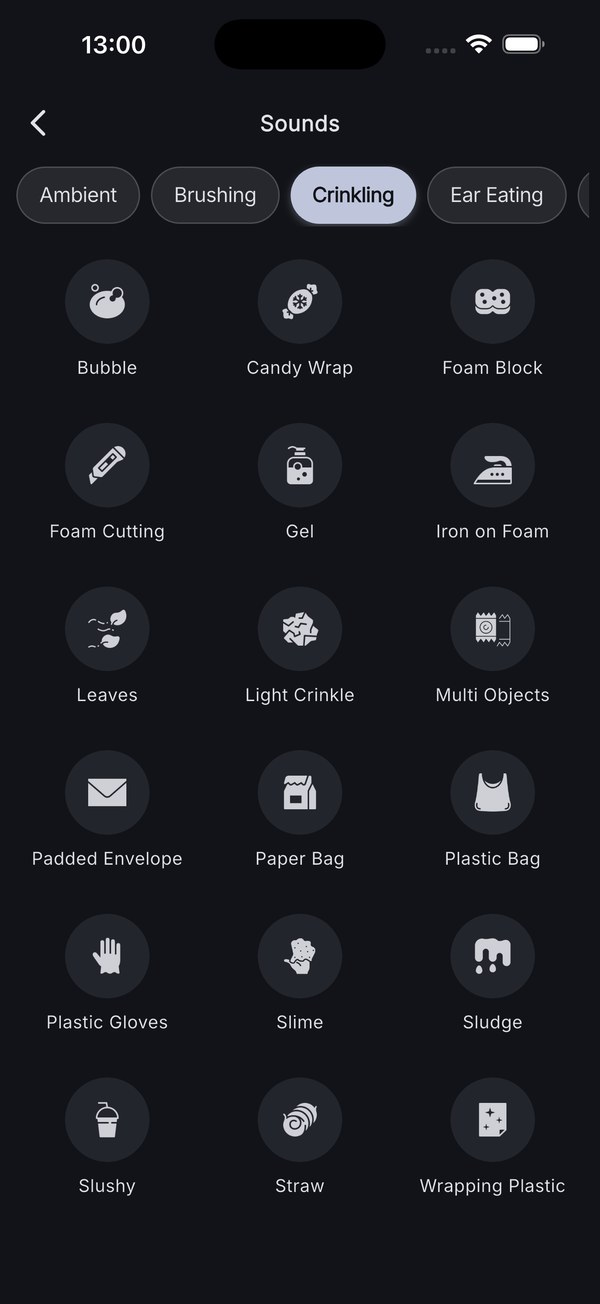 Tingles ASMR trigger library screen showing categorised sound tiles.