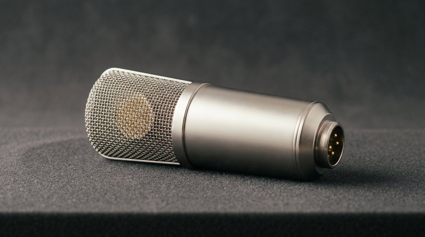 Close-up of a condenser microphone in moody editorial lighting.